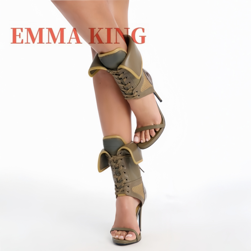 Women Shoes Boots - รองเท้าส้นสูงแบบพับได้สีเขียวสำหรับผู้หญิง รองเท้าส้นเข็มแบบตาข่ายเว้า รองเท้าบูทแบบผูกเชือกเปิดนิ้วเท้า รองเท้าแฟชั่นดีไซเนอร์