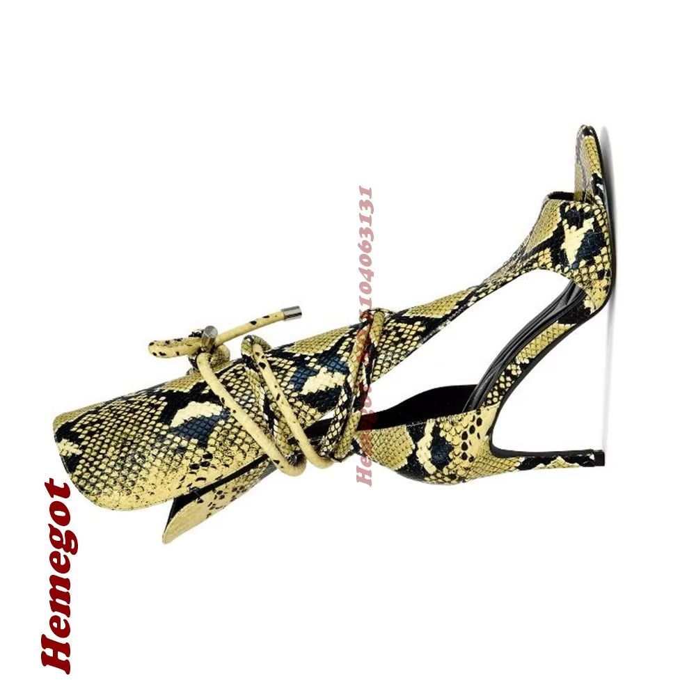 Women'S Shoes Yellow - รองเท้าส้นสูงแบบกลาดิเอเตอร์ลายงูสีเหลือง ปลายเปิด สายรัดข้อเท้า ด้านข้างโปร่งบาง ส้นเข็ม สไตล์ตะวันตก