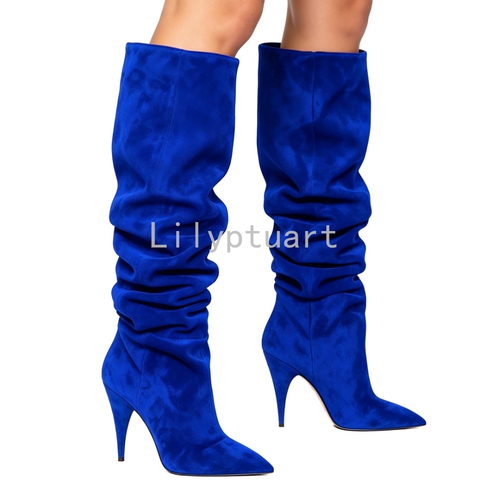 Women'S Shoes Navy Blue - รองเท้าบูทผู้หญิงสีน้ำเงินหนังกลับทรงสลัชชี่สูงถึงเข่า ปลายแหลม ส้นเข็ม สำหรับงานปาร์ตี้ งานกลางคืน และใส่ไปเที่ยวคลับ