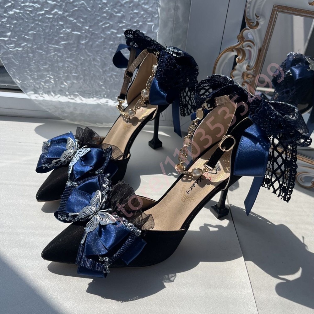 Women'S Shoes Navy Blue - รองเท้าส้นสูงหัวแหลมผ้าซาตินสีน้ำเงินกรมท่าประดับโบว์ผีเสื้อและคริสตัล พร้อมสายรัดข้อเท้า ดีไซน์หรูหราสำหรับงานแต่งงานและงานปาร์ตี้สำหรับผู้หญิง ปี 2026