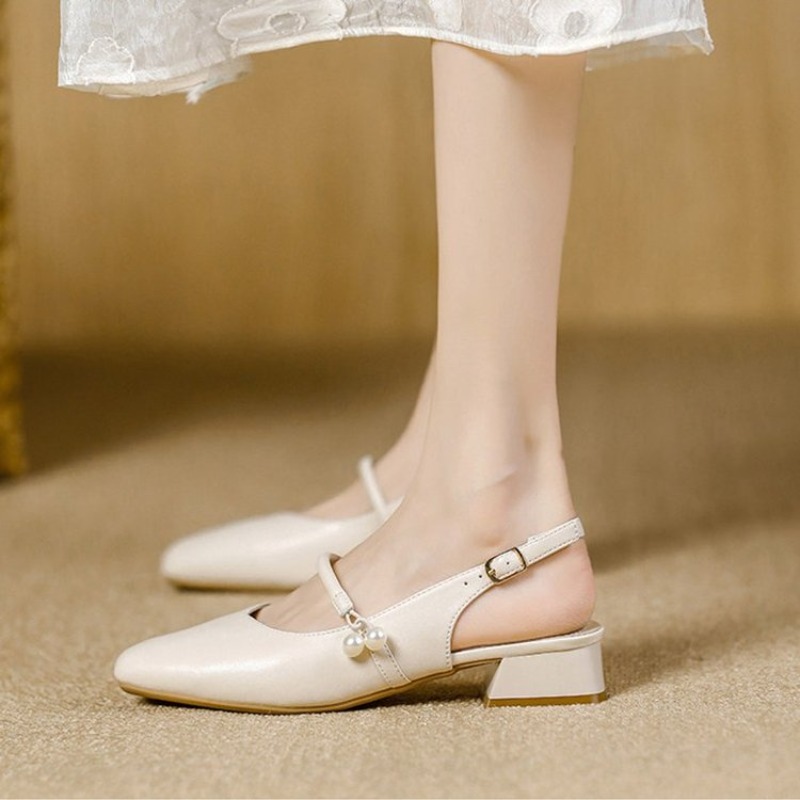 Women'S Shoes For Work - รองเท้าส้นเตี้ยแบบสวมสำหรับผู้หญิง รุ่น Mary Janes หัวเหลี่ยม ประดับมุก