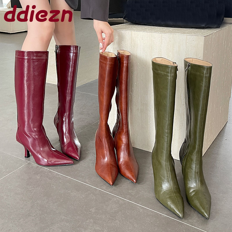 Women'S Shoes Big Feet - รองเท้าบูทหุ้มข้อสูงถึงเข่า หัวแหลม สไตล์แฟชั่น สำหรับผู้หญิง ส้นสูง ซิปยาว