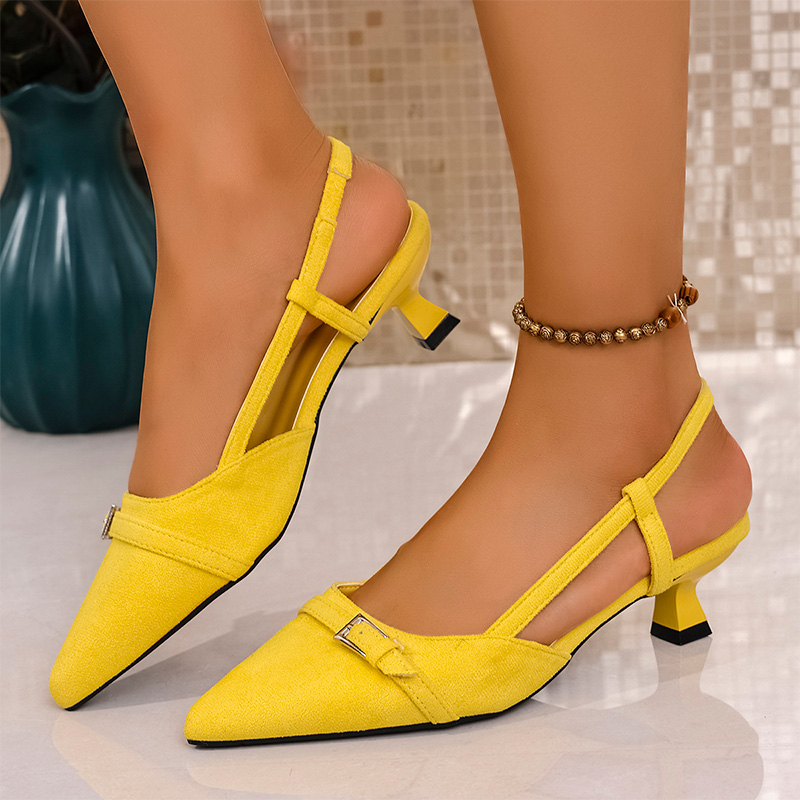Women'S Shoes Yellow - แฟชั่นรองเท้าส้นสูงสีเหลืองรองเท้าแตะผู้หญิงตกแต่งหัวเข็มขัดชี้ Toe รองเท้าแตะ 2025 ฤดูร้อน Slingback