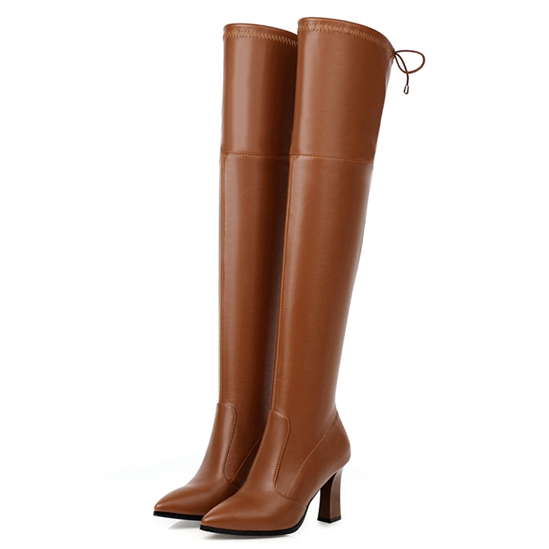 Women'S Shoes Big Feet - ยืดหยุ่นต้นขาสูงรองเท้าผู้หญิงรองเท้าเซ็กซี่ Slim ยาวกว่าเข่า BOOT หญิงแฟชั่นสีน้ําตาลเงินสีดําฤดูหนาวรองเท้าขนาด 45
