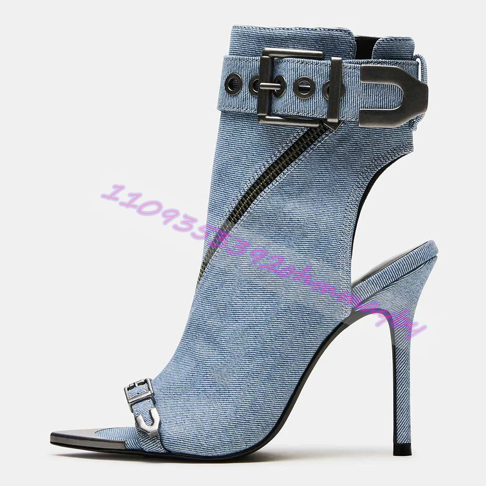 Women Shoes Boots - รองเท้าบูทหัวแหลมสีน้ำเงินเดนิมสำหรับผู้หญิง รองเท้าแตะเปิดนิ้วเท้าประดับหัวเข็มขัดหนัง แฟชั่นรองเท้าส้นสูงหัวแหลมโลหะพร้อมซิป