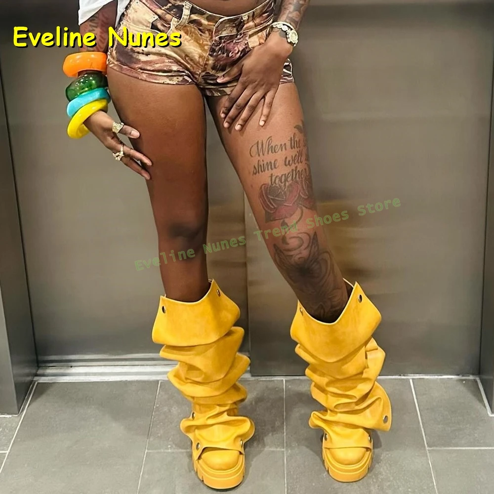 Women'S Shoes Yellow - รองเท้าบูทสูงถึงเข่าสไตล์สาวเปรี้ยว แบบสตรีท สีเหลือง แต่งระบาย ประดับหมุด ปลายเท้ามน
