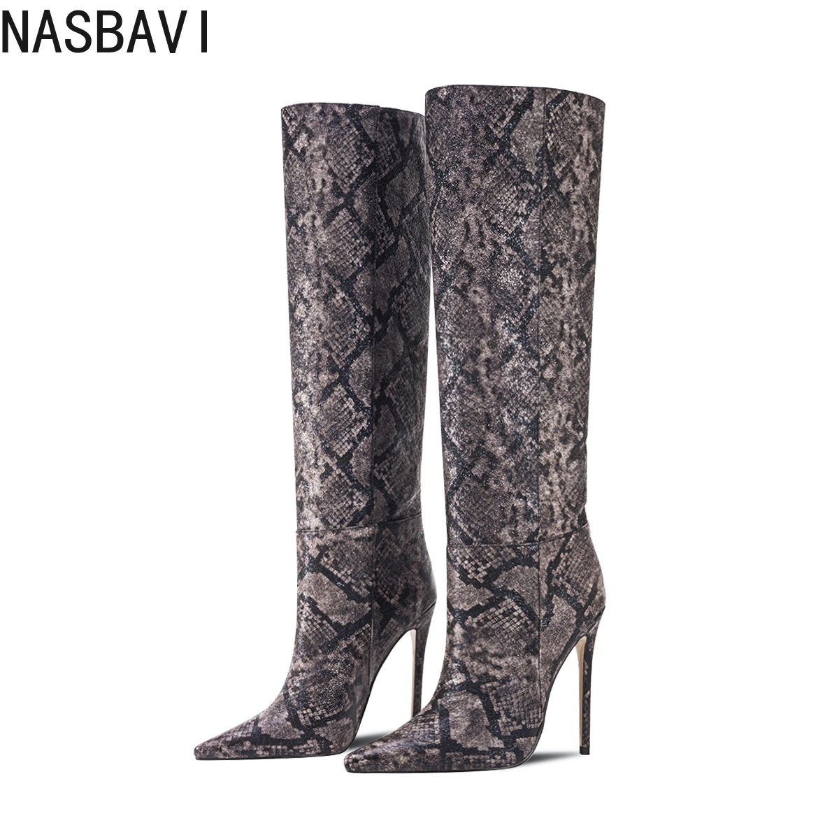 Women'S Shoes For Work - รองเท้าบูทสูงถึงเข่าสไตล์โมเดิร์นสำหรับผู้หญิง ลายหนังงู ส้นเข็ม ปลายแหลม ซิป ดีไซน์เซ็กซี่