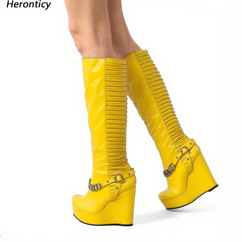 Women'S Shoes Yellow - รองเท้าบูทผู้หญิงทำมือ Heronticy สำหรับฤดูหนาว ส้นเตารีด หัวกลม สีเหลืองสวยงาม