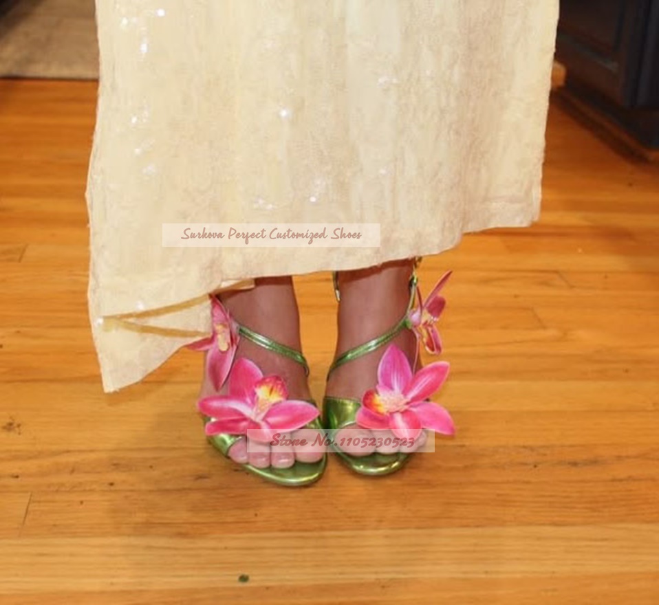 Women'S Shoes Yellow - รองเท้าส้นสูงแบบมีสายรัดข้อเท้า ตกแต่งดอกไม้ สีเหลืองชมพู ดีไซน์หรูหรา
