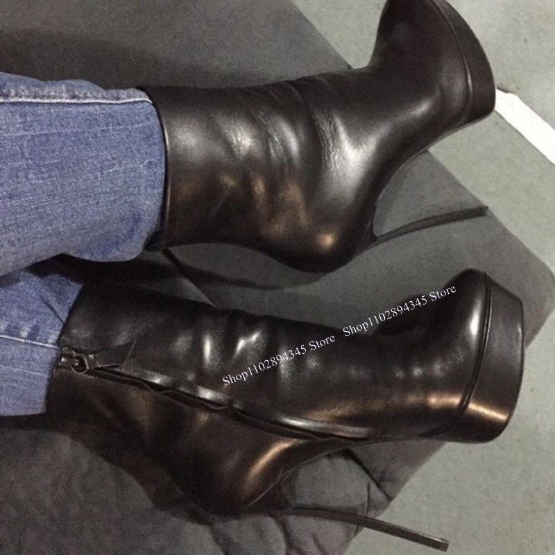 Women'S Shoes Big Feet - รองเท้าบูทหุ้มข้อกลางสีดำแบบมีซิป ปลายแหลม ส้นสูงบาง แฟชั่น เซ็กซี่ เท่ห์