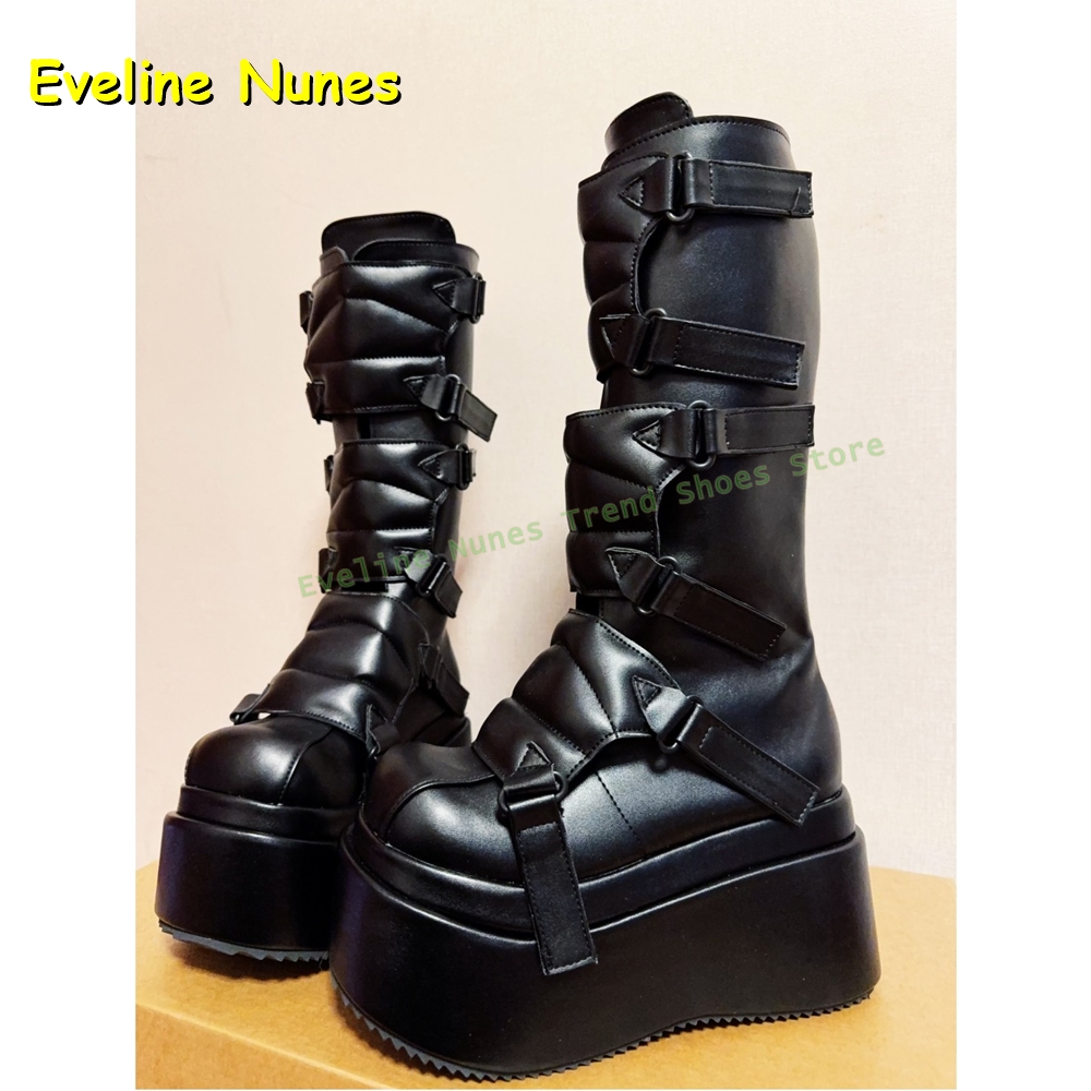 Women'S Shoes Big Feet - หัวเข็มขัดสีดํา Cyberpunk Y2K เข่ารองเท้าบูทสูง Big Round