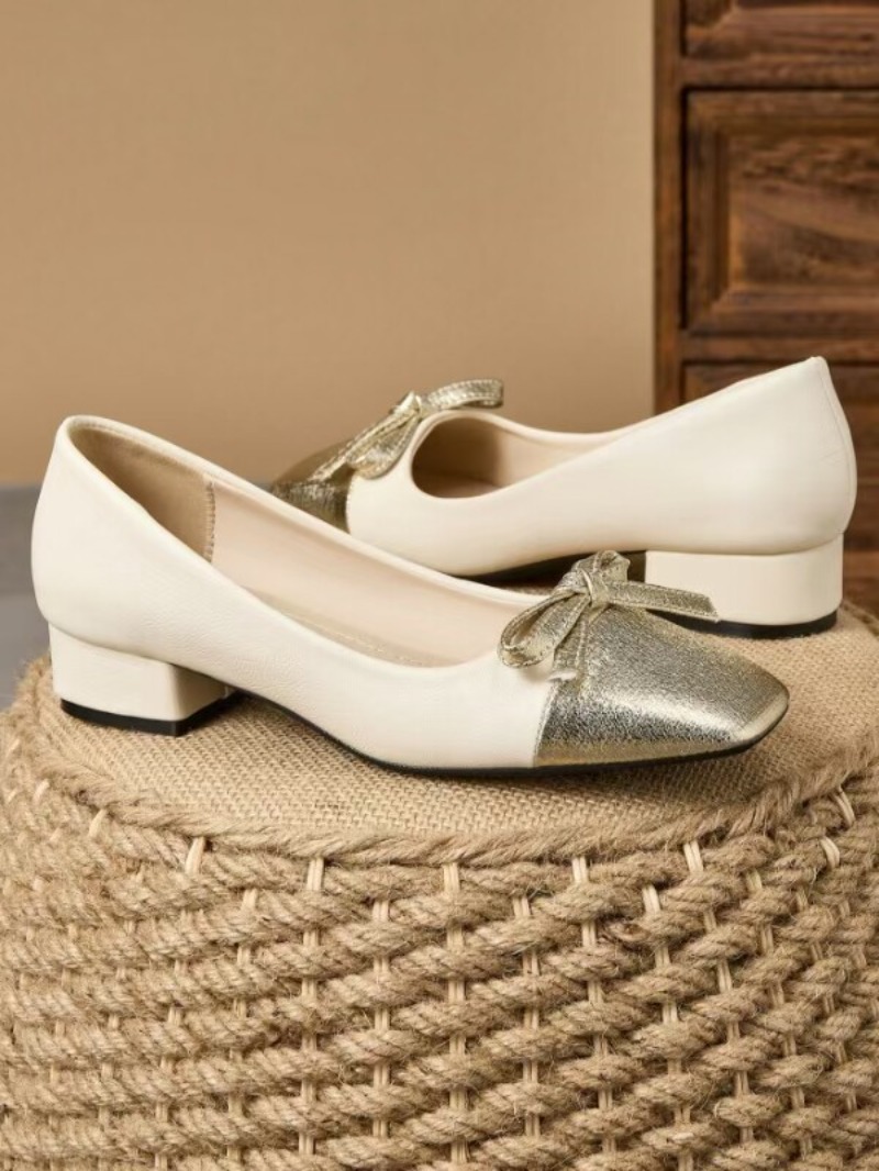 Women'S Shoes For Work - รองเท้าส้นเตี้ยทรงเหลี่ยมประดับโบว์สองสี สวมใส่สบาย เหมาะสำหรับทำงานในออฟฟิศ ใส่ลำลอง หรือใส่ในชีวิตประจำวัน สำหรับผู้หญิง